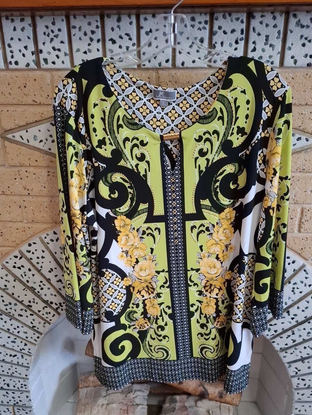 JM Collection Green, Yellow & Black Printed Long-Sleeve Tunic